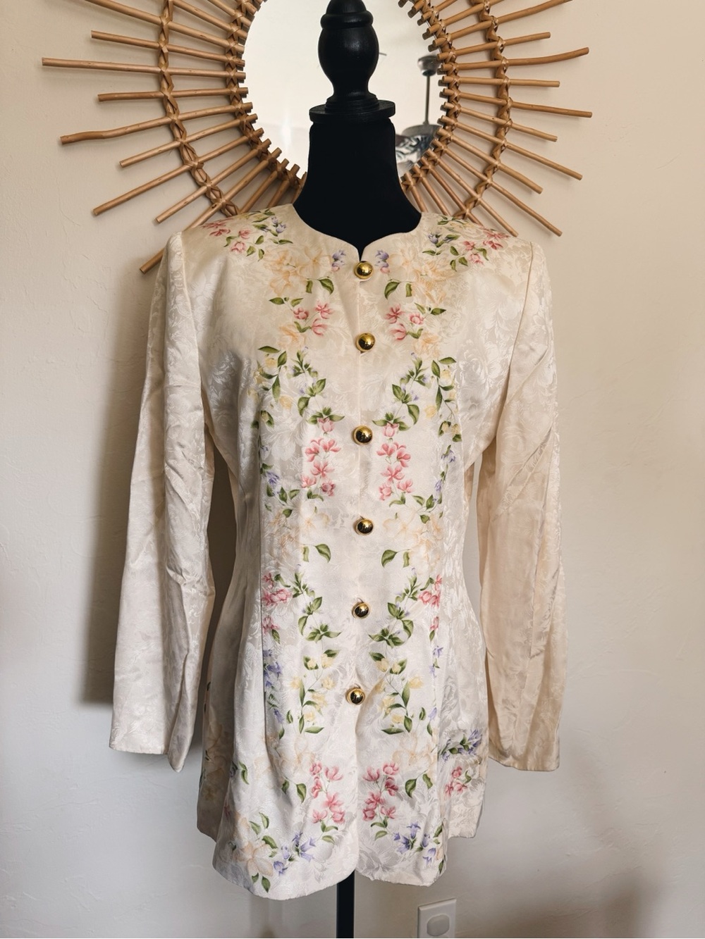 Cream Floral Silk Button Front Blazer